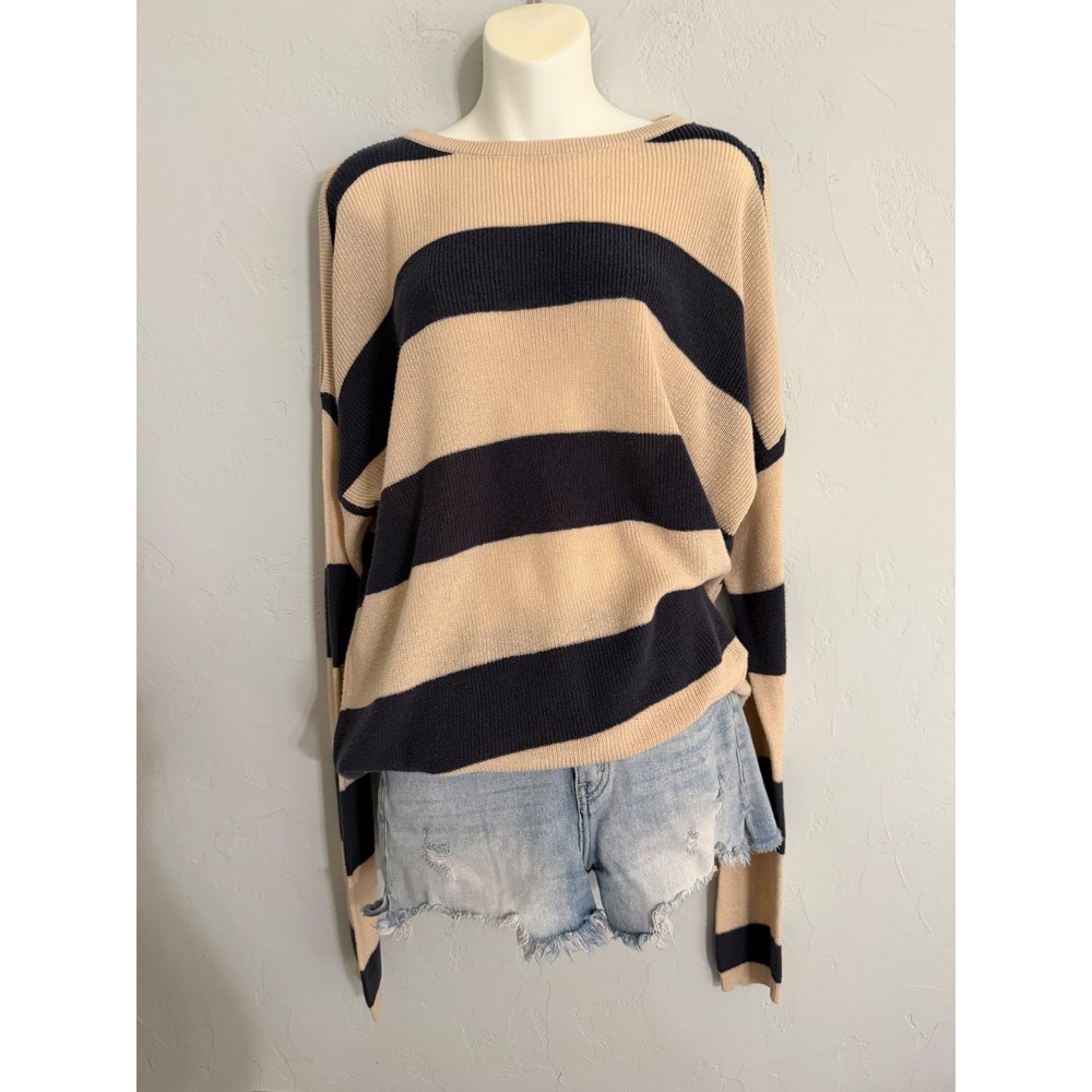 Easel Striped Boat Neck Cold Shoulder Sweater Tan Navy S M